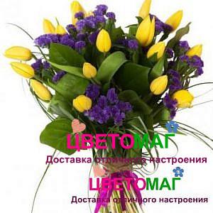 Букет из 11 желтых тюльпанов и статицы