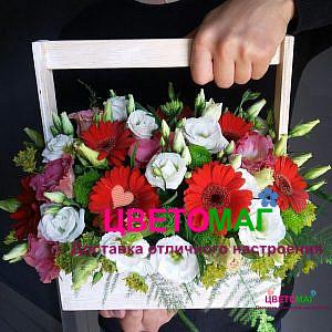 Ящик с герберами и эустомой